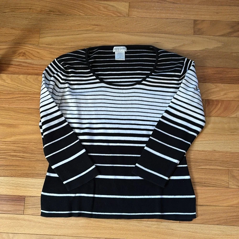 Pierre Cardin Scooped Neck Striped lightweight sweater Black White Sz PM Cotton